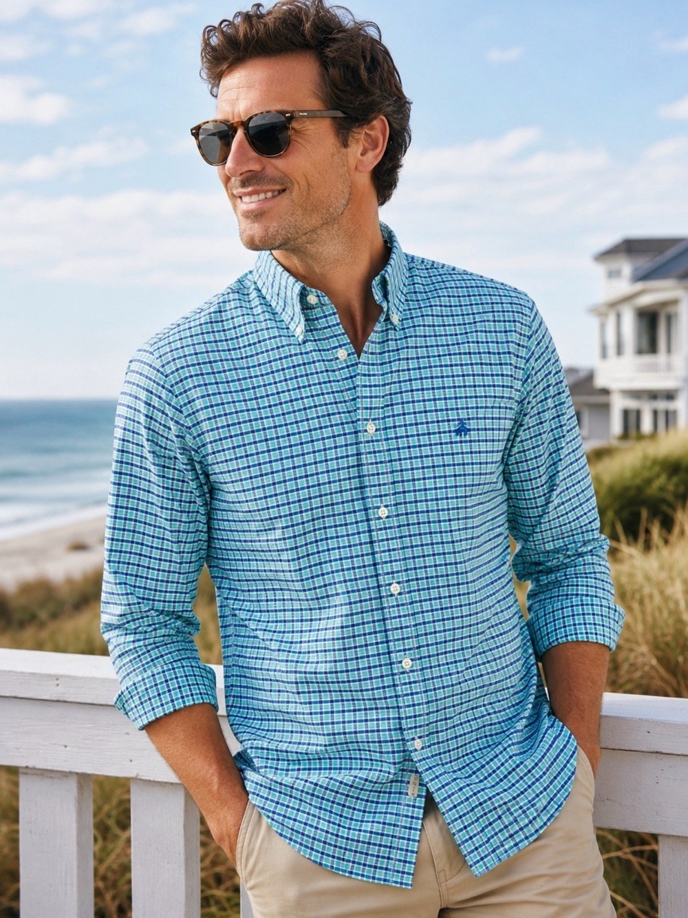 Brooks Brothers Regent Fit Blue Aqua Plaid Non-Iron Stretch Button Down L Luxury